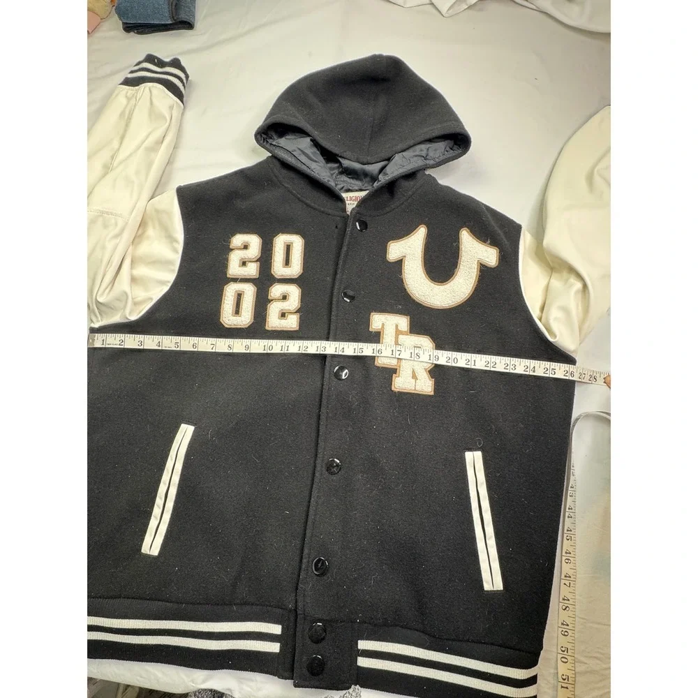 True Religion Hooded Varsity Jacket Black White Chenille Patch XL 51086-00